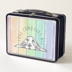 love conquers all dog rainbow basset hound  metal lunch box
