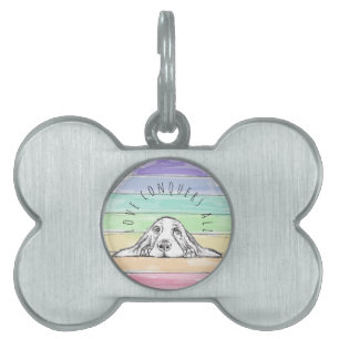 love conquers all dog rainbow basset hound  pet ID tag