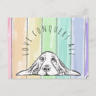 love conquers all dog rainbow basset hound   postcard