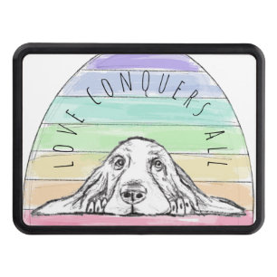 love conquers all dog rainbow basset hound   trailer hitch cover