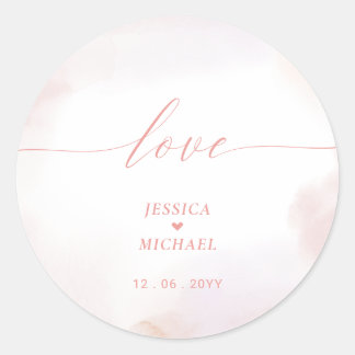 Love | Coral Pink Heart & Watercolor Wedding Favou Classic Round Sticker