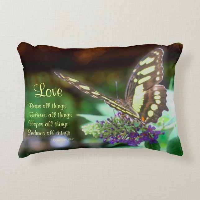 Love Corinthians 13:7 Butterfly Bible Quote  Accent Pillow (Front)