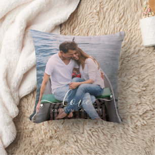 LOVE Couple Photo Handwritten Script Personalized Throw Pillow