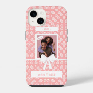 Love Couple Photo Pink Hearts Pattern iPhone 14 Case