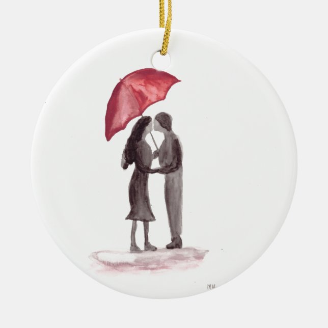 Love couple red umbrella painting ceramic ornament (Front)