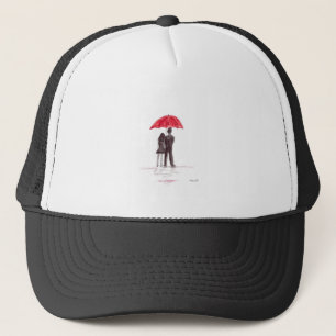 Love couple with red umbrella romantic couple trucker hat