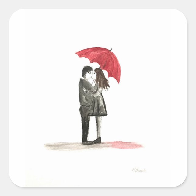 Love couple with red umbrella square sticker (Front)