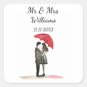 Love couple with red umbrella Wedding Newlyweds  Square Sticker