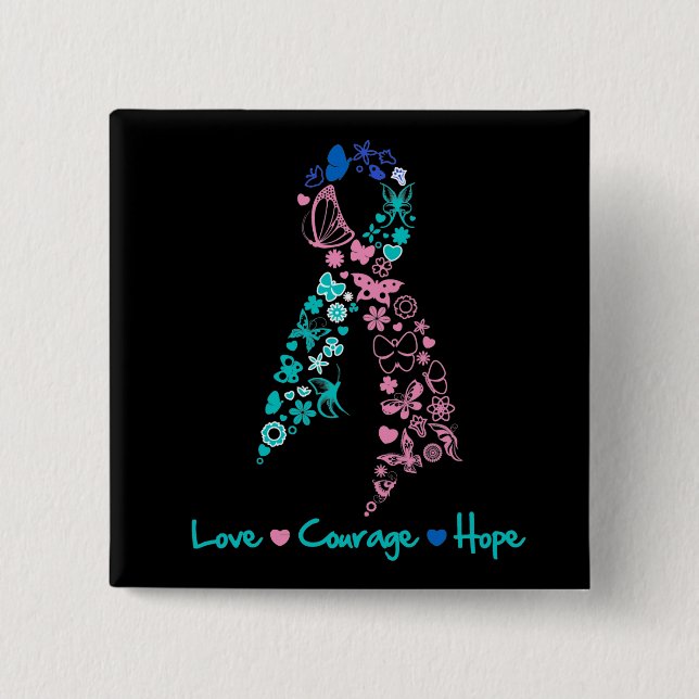 Love Courage Hope Butterfly -  Thyroid Cancer 2 Inch Square Button (Front)