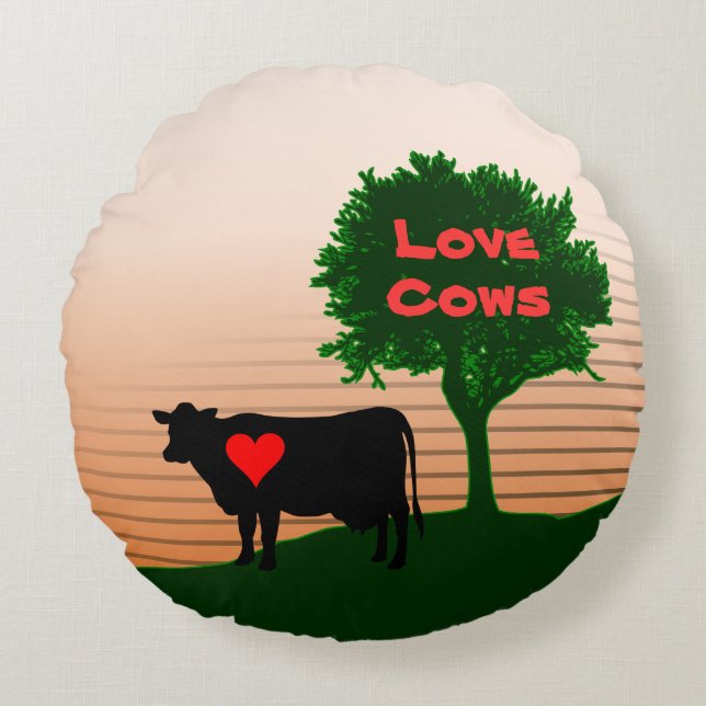 Love Cows- Cow Silhouette with Lone Tree Round Pillow (Front)