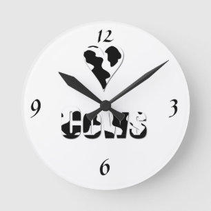 Love cows, heart in black and white cow print round clock
