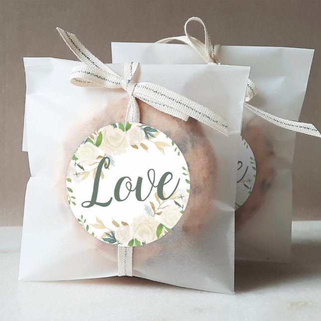 Love Cream Gold Floral Greenery Wedding Classic Round Sticker (Creator Uploaded)
