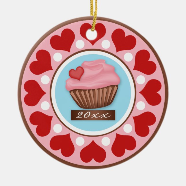 Love & Cupcake Ceramic Tree Ornament (Front)