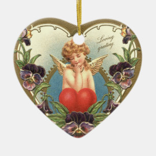 LOVE CUPID WITH HEART AND PANSIES  Valentine's Day Ceramic Ornament