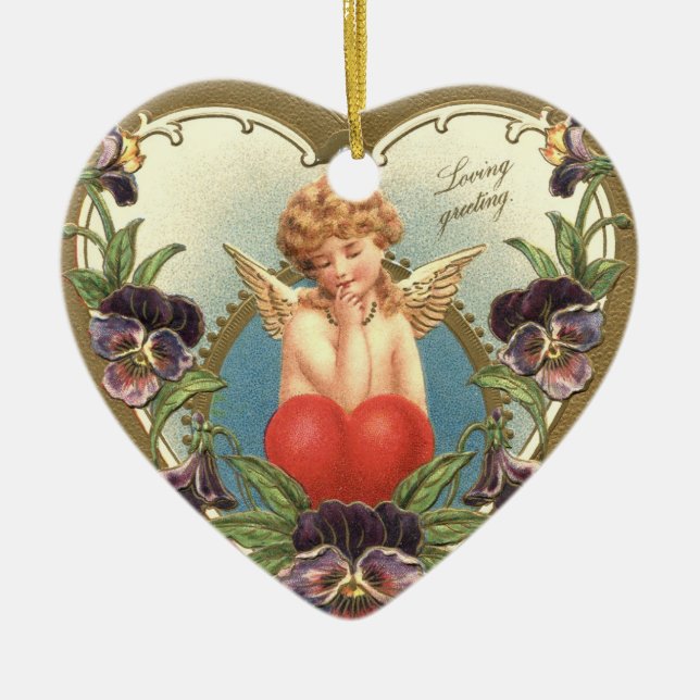 LOVE CUPID WITH HEART AND PANSIES  Valentine's Day Ceramic Ornament (Front)