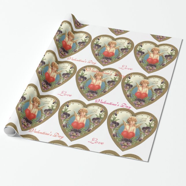 LOVE CUPID WITH HEART AND PANSIES  Valentine's Day Wrapping Paper (Unrolled)