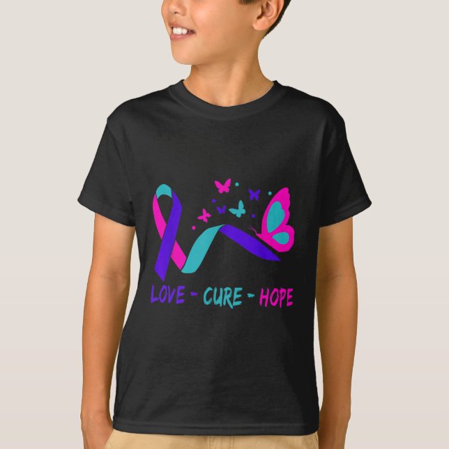 Love Cure Hope Cervical Cancer Warrior Butterfly R T-Shirt (Front)