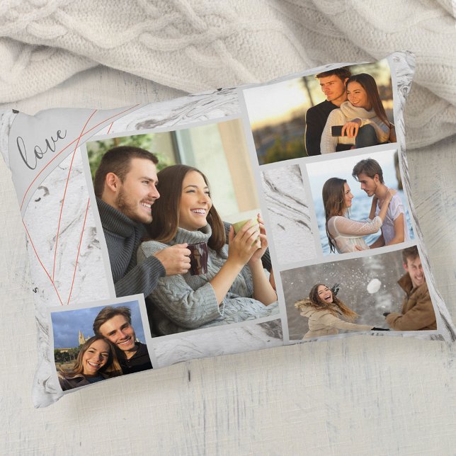 Love - Custom 5 Photo Collage - Grey White Marble Accent Pillow (Creator Uploaded)