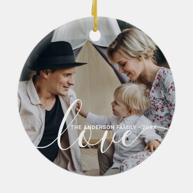 'Love' Custom family photo with custom name Ceramic Ornament (Back)