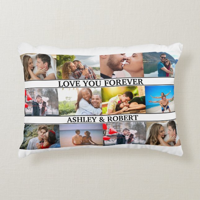 Love Custom Names Monogram 12 Photo Collage Couple Accent Pillow (Front)