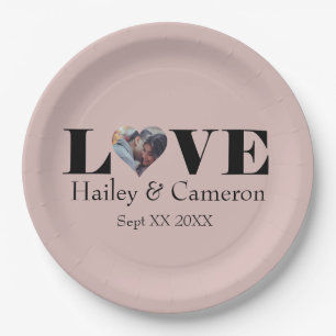 LOVE Custom Photo on Dusty Pink Classic Round Stic Paper Plate