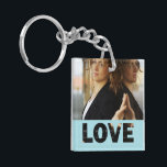 Love Cut Outs Blue Customized Photo Keychain<br><div class="desc">Blue colour love cut outs square shaped acrylic photo keychain. Double sided photo keychain template, by red_dress, featuring cut out text "Love", on blue background, and photo holder for two pictures. Easily add a picture to the front and back of two sided keychains or pick the single sided square keychain...</div>