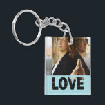 Love Cut Outs Blue Customized Photo Keychain<br><div class="desc">Blue colour love cut outs square shaped acrylic photo keychain. Double sided photo keychain template, by red_dress, featuring cut out text "Love", on blue background, and photo holder for two pictures. Easily add a picture to the front and back of two sided keychains or pick the single sided square keychain...</div>