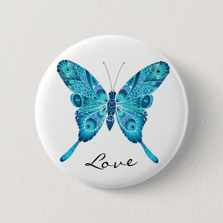 Love Cute Blue Butterfly White Round Button