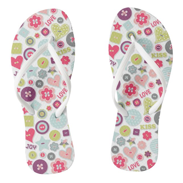 Love Cute Colourful Heart Buttons Valentine's Day Flip Flops (Footbed)