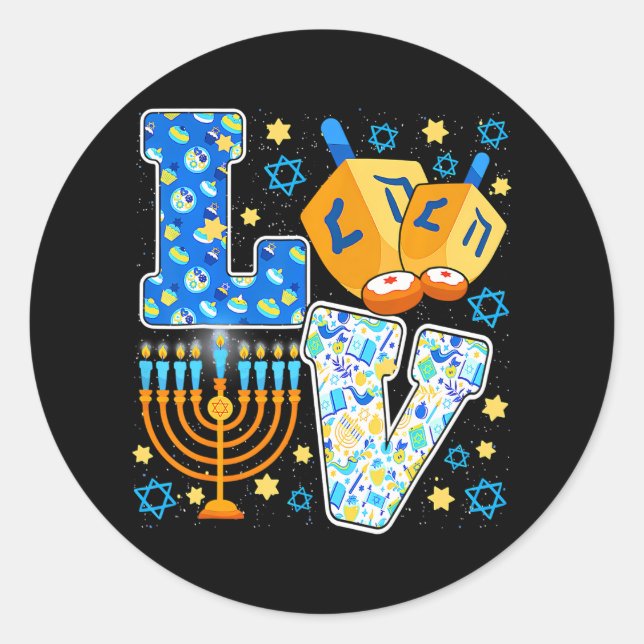 LOVE Cute Hanukkah Decorations Dreidel Menorah Classic Round Sticker (Front)