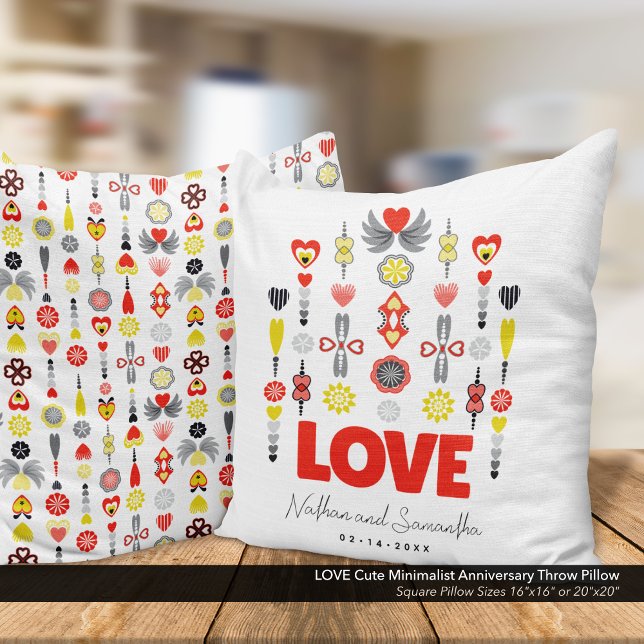LOVE Cute Minimalist Anniversary  Throw Pillow (LOVE Cute Minimalist Throw Pillow with Hearts & Flowers: Customize Your Names & Anniversary Date.
)