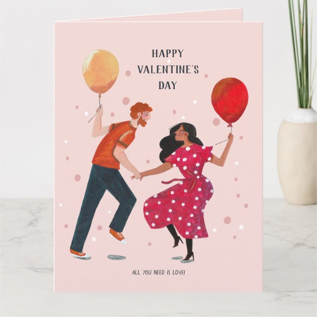 Love cute pink & red dancing people valentine  card (Front)
