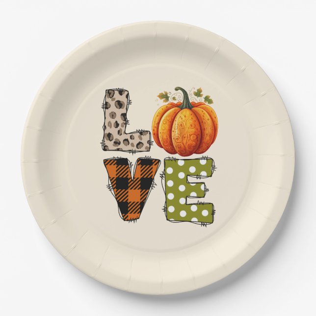 LOVE – Cute Pumpkin & Polka Dot Letters Paper Plate (Front)
