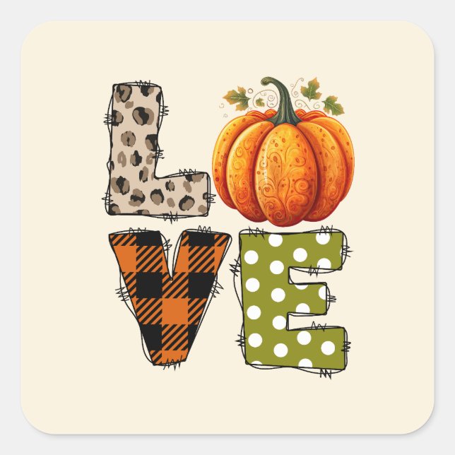 LOVE – Cute Pumpkin & Polka Dot Letters Square Sticker (Front)