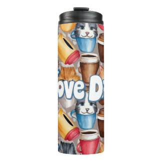"Love Dad" Playful Cats and Coffee Pattern Thermal Tumbler