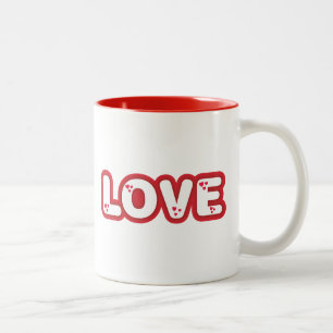 "Love" design, red rounded letters with hearts Two-Tone Coffee Mug