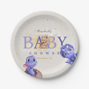 Love Dino Simple Funny Cute Dragon Baby Boy Shower Paper Plate