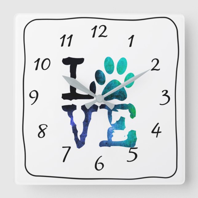 LOVE Dog Paw Print Blue Clock (Front)