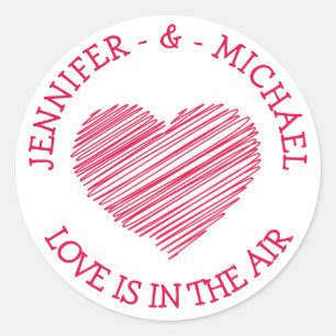 Love Doodle Heart Personalized Red, Pink Wedding Classic Round Sticker