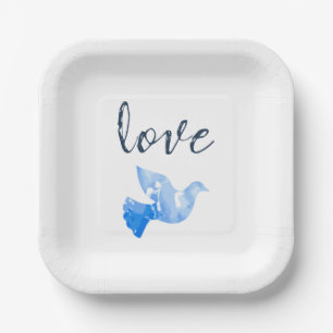 Love Dove Party Plate Sky Blue Watercolor Design