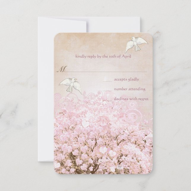 Love Doves Pink and Brown Heart Leaf Tree Wedding RSVP Card (Front)