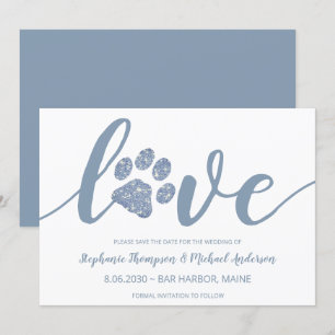 Love Dusty Blue Glitter Paw Print Wedding Save The Date