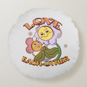 Love Each Other   Whimsical Floral Design Round Pillow