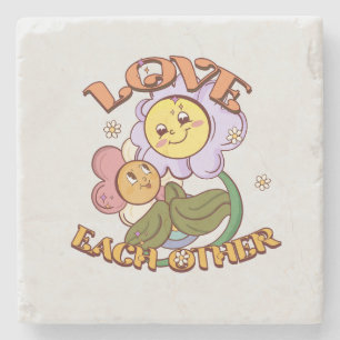 Love Each Other   Whimsical Floral Design Stone Coaster