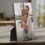 LOVE Elegant Calligraphy Couple Photo Wedding Plaque<br><div class="desc">Sweet and simple wedding keepsake for Newlyweds,  Valentine's Day,  engagement,  showcasing your favourite couple photo with modern script calligraphy reading LOVE over your custom text like names and / or date or a personal message over a dark gradient to make the typography stand out.</div>