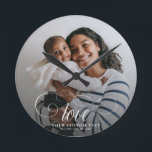 LOVE Elegant Photo Calligraphy Family Keepsake Round Clock<br><div class="desc">Modern elegant custom clock with your favourite photo over trendy swirly calligraphy script reading LOVE and your custom text below.</div>