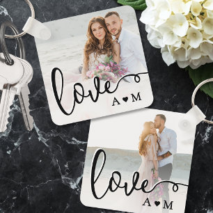 Love Elegant Script Couple 2 Photo Keychain