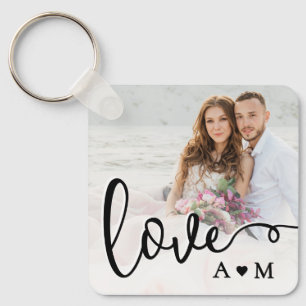Love Elegant Script Couple 2 Photo Keychain