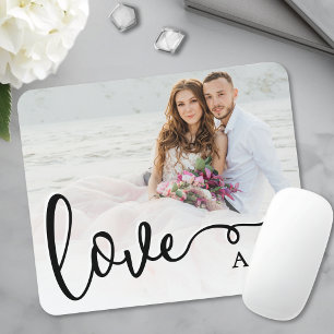 Love Elegant Script Couple Photo Mouse Pad