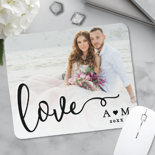Love Elegant Script Couple Photo Mouse Pad